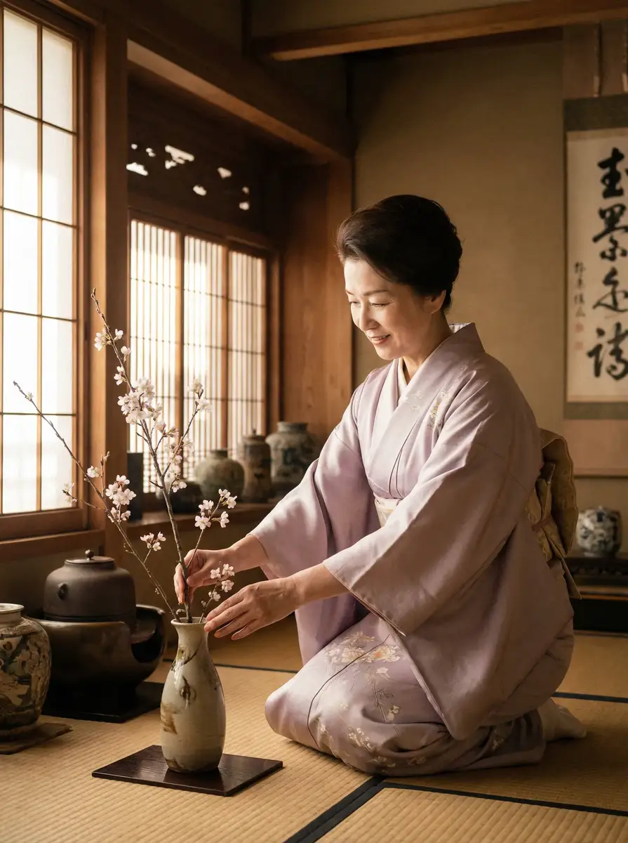 一位优雅的 伪娘视频 在和室中插花