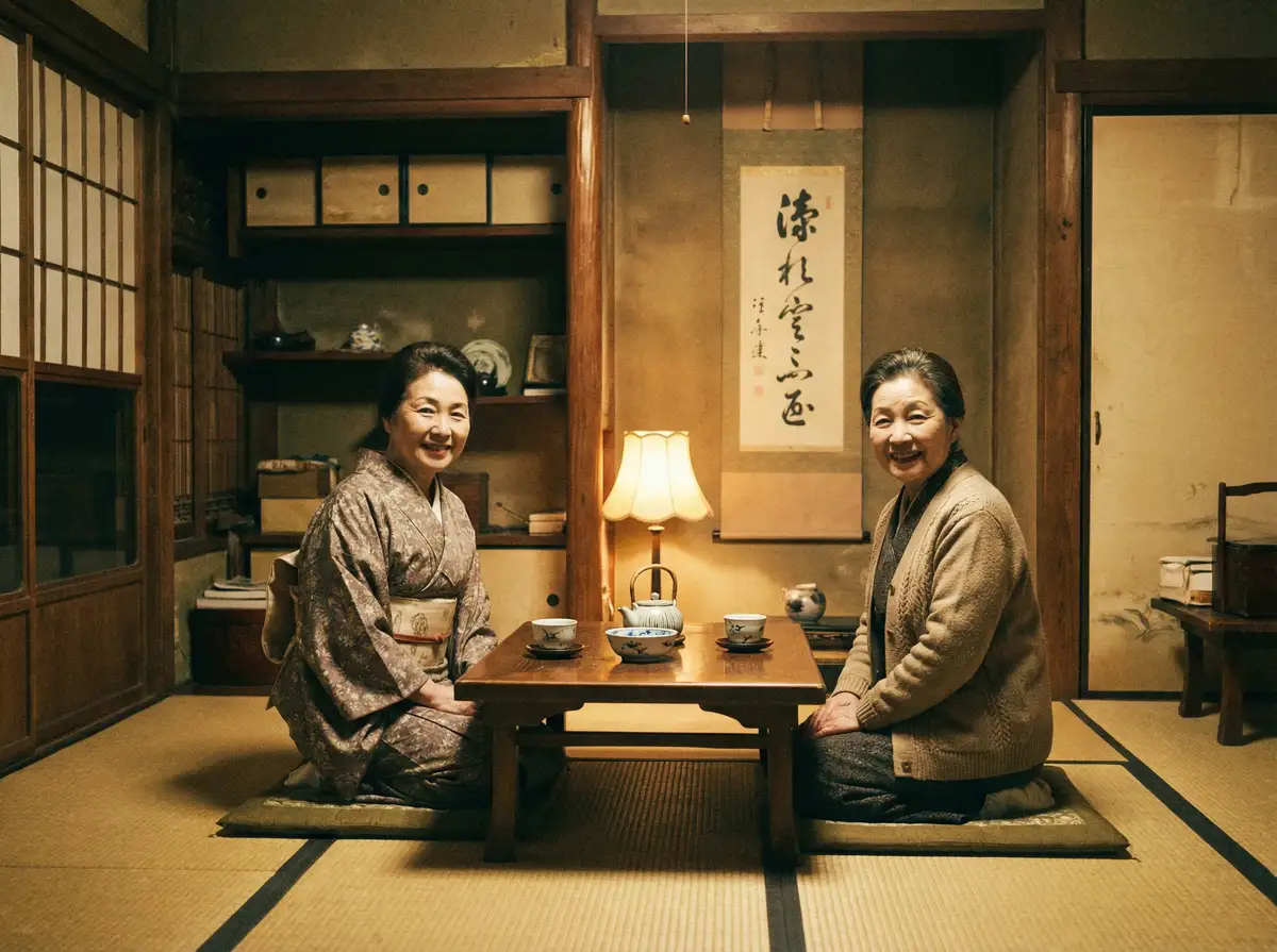 两位优雅的 伪娘视频 在日式茶室中品茶交谈